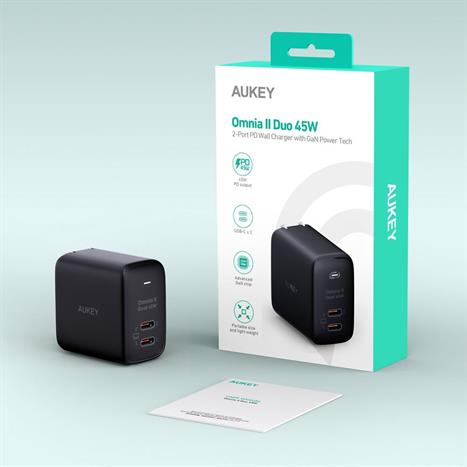 Sạc nhanh 2 cổng Type-C PD 45W Aukey PA-B4T Omnia - Đen Màu Đen