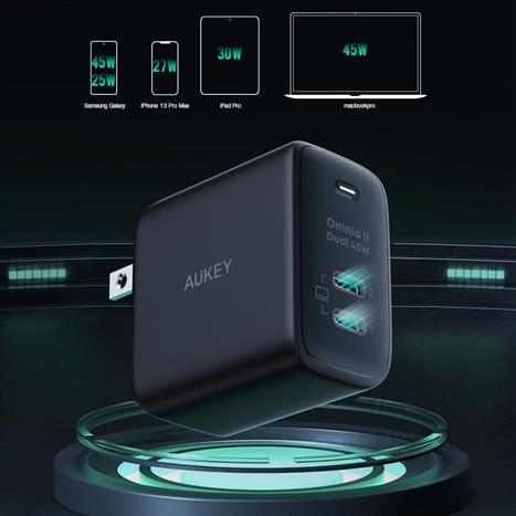Sạc nhanh 2 cổng Type-C PD 45W Aukey PA-B4T Omnia - Đen Màu Đen