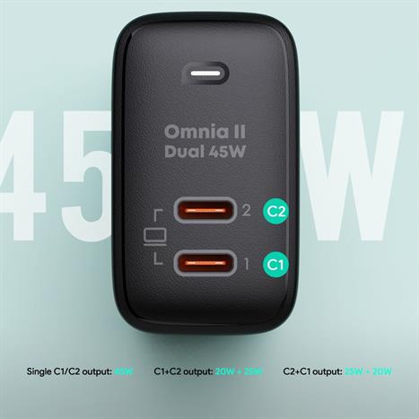 Sạc nhanh 2 cổng Type-C PD 45W Aukey PA-B4T Omnia - Đen Màu Đen