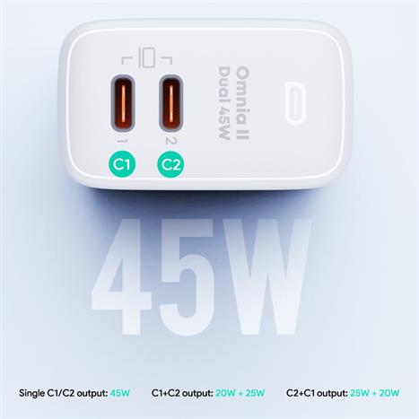 Sạc nhanh 2 cổng Type-C PD 45W Aukey PA-B4T Omnia - Trắng Màu Trắng