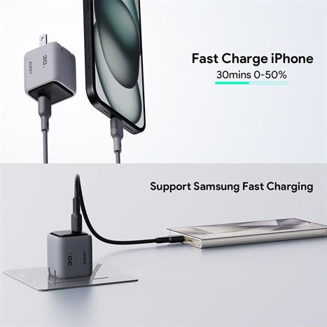 Sạc nhanh Type-C PD 30W Aukey PA-C1 Pro Màu Xám