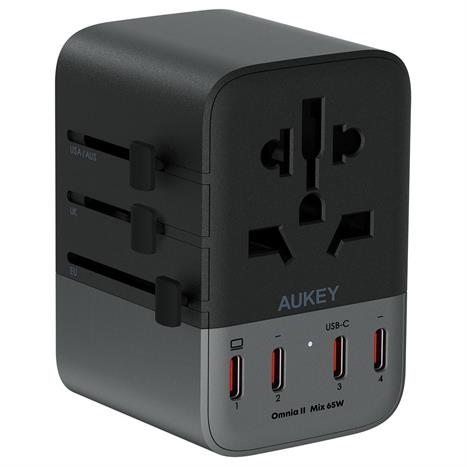 Adapter sạc du lịch đa cổng PD 65W Aukey PA-TA08A Màu Xám
