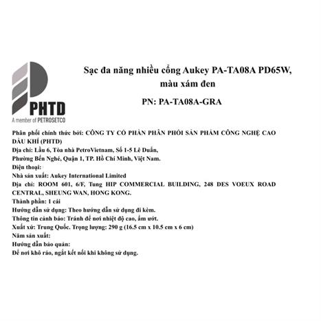 Adapter sạc du lịch đa cổng PD 65W Aukey PA-TA08A Màu Xám