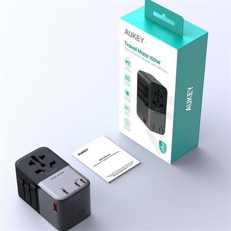 Adapter sạc du lịch đa cổng PD 100W Aukey PA-TA09A Màu Xám