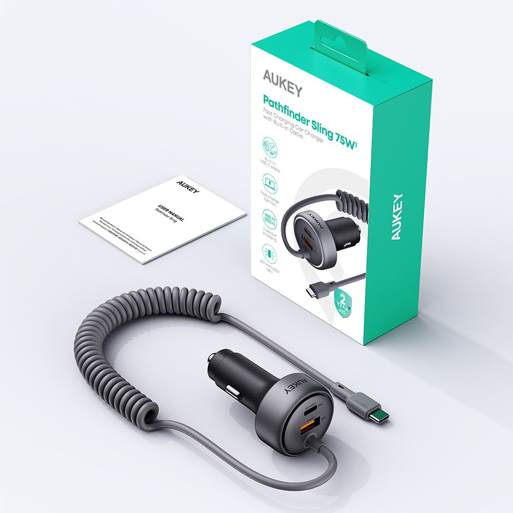 Sạc xe hơi nhanh 3 cổng USB Type-C 75W Aukey CC-P2 1A2C - Thiết kế
