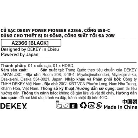 Sạc nhanh Type-C PD 20W Dekey Power Pioneer A2366 - Đen Màu Đen