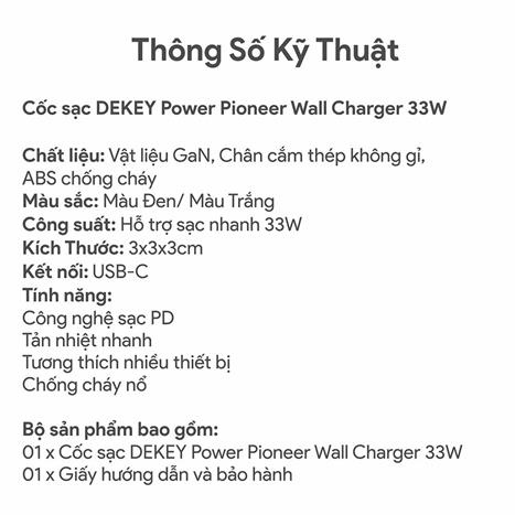 Sạc nhanh Type-C PD 33W Dekey Power Pioneer A2383 - Trắng Màu Trắng