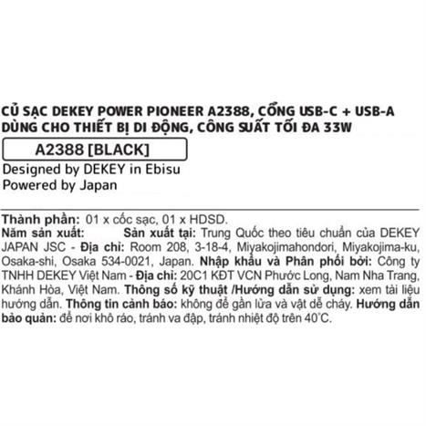 Sạc nhanh 2 cổng USB Type-C PD 33W Dekey Power Pioneer A2388 - Đen Màu Đen