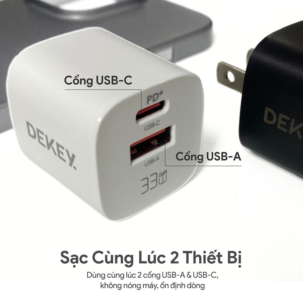 Sạc nhanh 2 cổng USB Type-C PD 33W Dekey Power Pioneer A2388 - Trắng - Cổng sạc