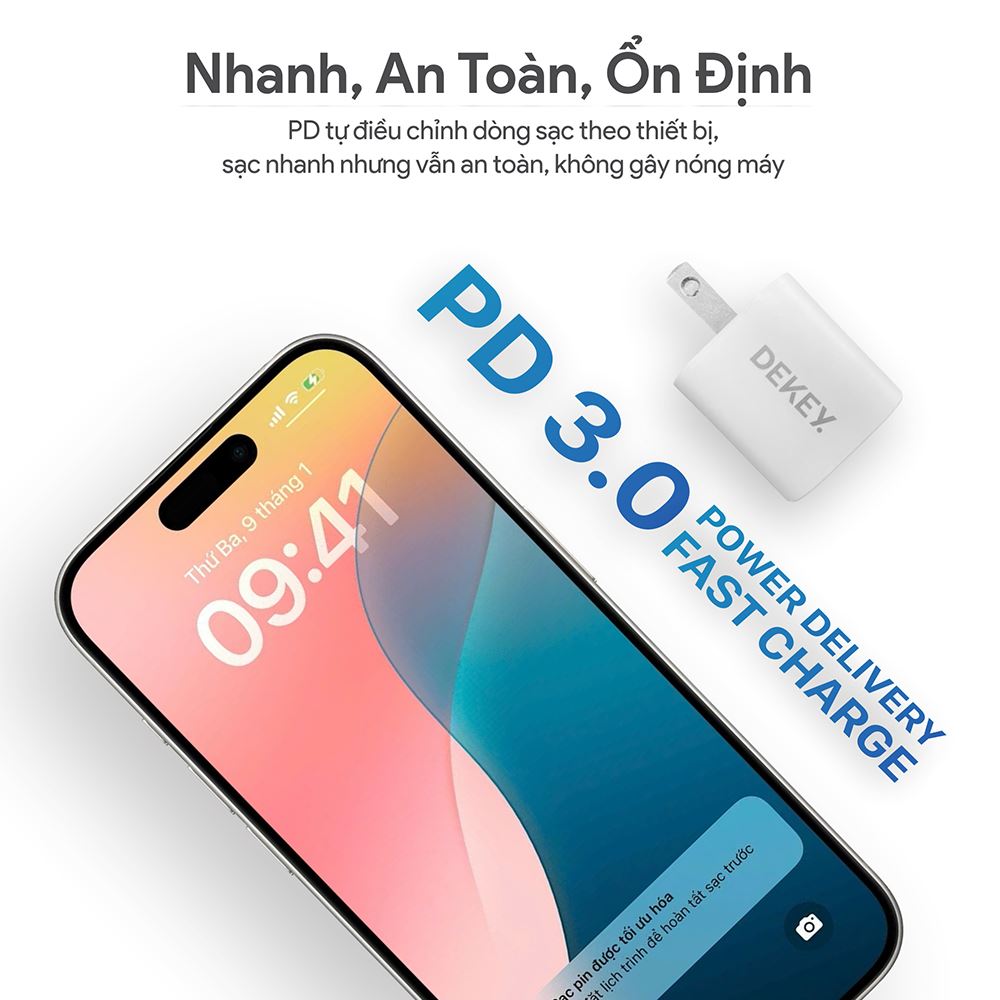 Sạc nhanh 2 cổng USB Type-C PD 33W Dekey Power Pioneer A2388 - Trắng - Chuẩn sạc