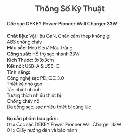 Sạc nhanh 2 cổng USB Type-C PD 33W Dekey Power Pioneer A2388 - Trắng Màu Trắng
