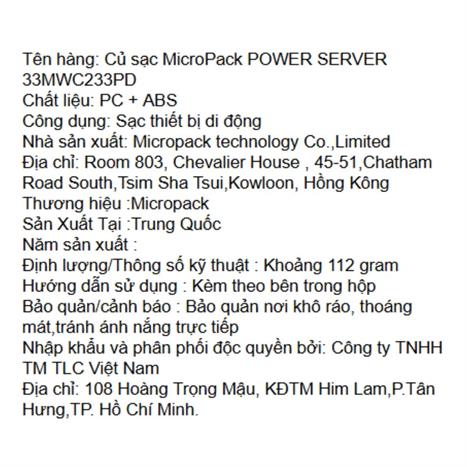 Sạc nhanh 2 cổng USB Type-C QC PD 33W MicroPack Power Server 33MWC233PD Màu Trắng