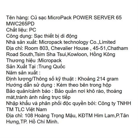 Sạc nhanh 2 cổng USB Type-C QC PD 65W MicroPack Power Server 65 MWC265PD Màu Đen