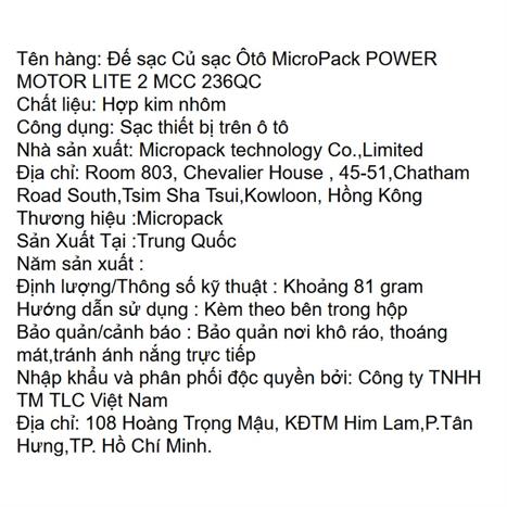 Sạc xe hơi 2 cổng USB QC 36W MicroPack Power Lite 2 MCC 236QC Màu Đen