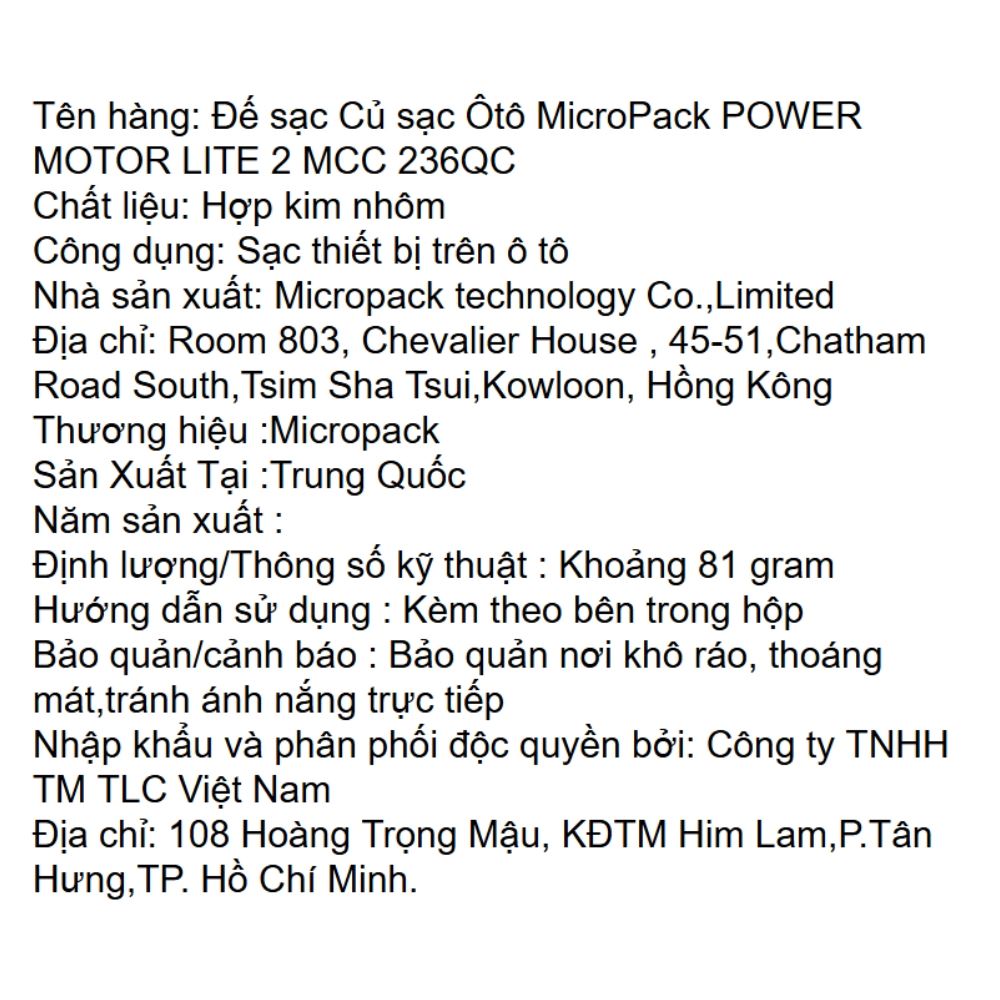 Sạc xe hơi 2 cổng USB QC 36W MicroPack Power Lite 2 MCC 236QC Màu Đen