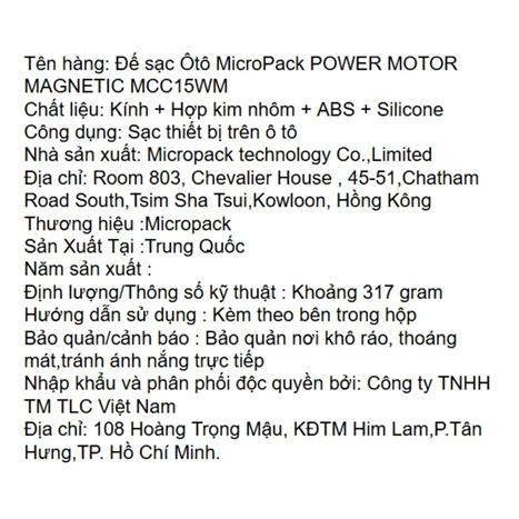Đế sạc không dây 15W MicroPack Power Motor Magnetic MCC15WM Màu Đen