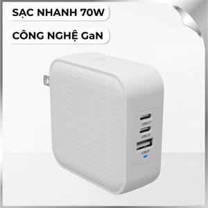 Sạc nhanh 3 cổng USB Type-C PD QC 3.0 GaN 70W HyperJuice HJ1003BKWWGL - Trắng