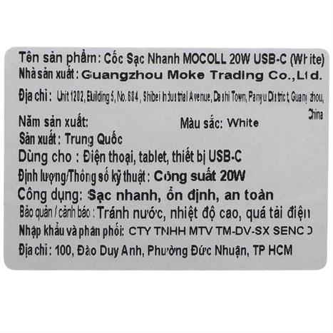 Sạc nhanh Type C PD QC 3.0 20W MOCOLL MOC2461 Màu Trắng