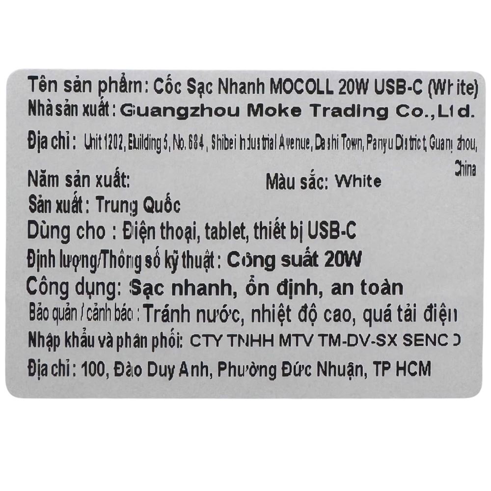 Sạc nhanh Type C PD QC 3.0 20W MOCOLL MOC2461 Màu Trắng