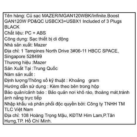 Sạc nhanh 4 cổng USB Type-C PD GaN 120W Mazer M-GAN120W-BK Màu Đen