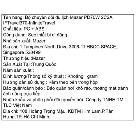 Sạc nhanh du lịch USB Type-C 70W Mazer M-IFTravel370-BG Màu Đen - Xám