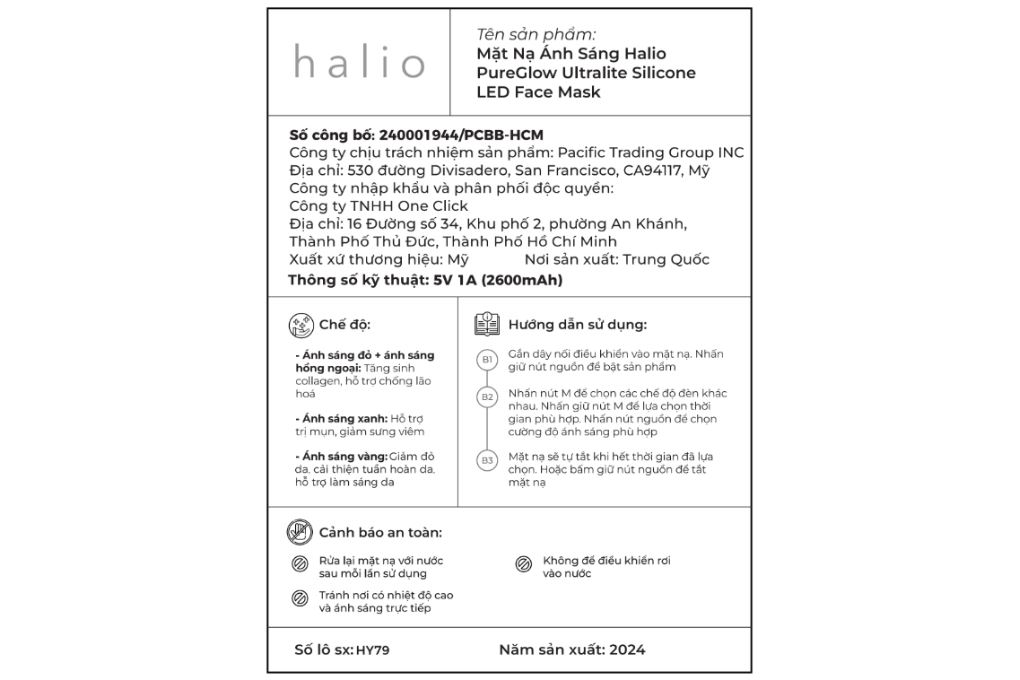 Mặt nạ ánh sáng sinh học Halio PureGlow Ultralite Silicone LED Face Mask Màu Trắng