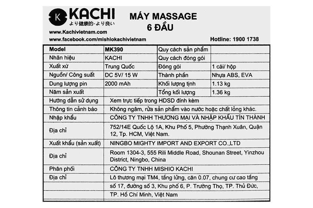 Máy massage 6 đầu Kachi MK390 Màu Đen - Xám