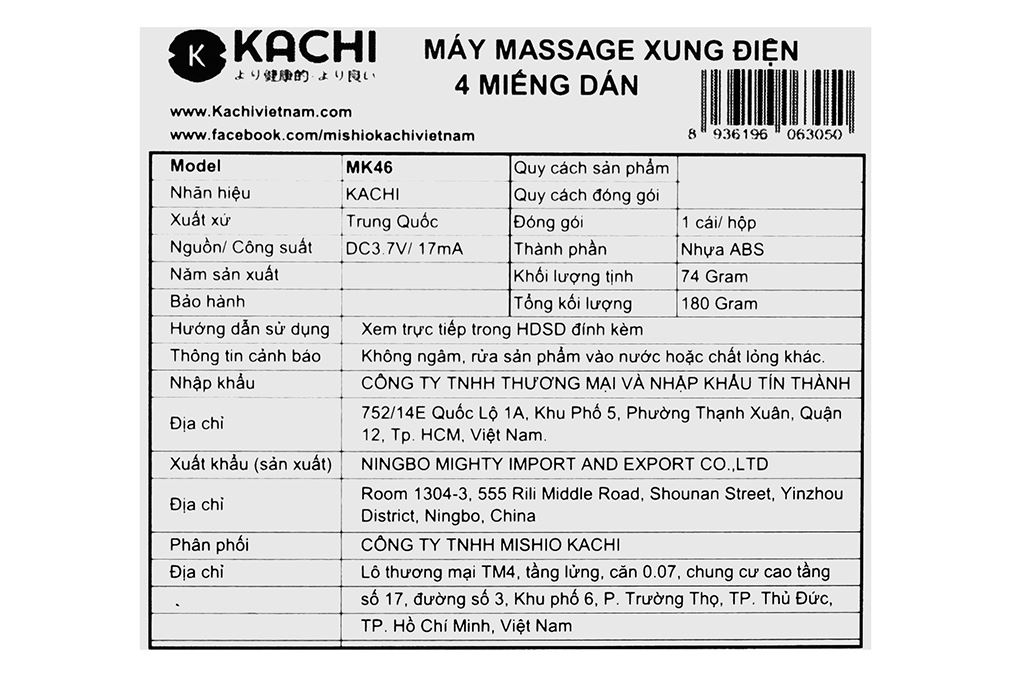 Máy massage xung điện 4 miếng dán Kachi MK46 Màu Trắng