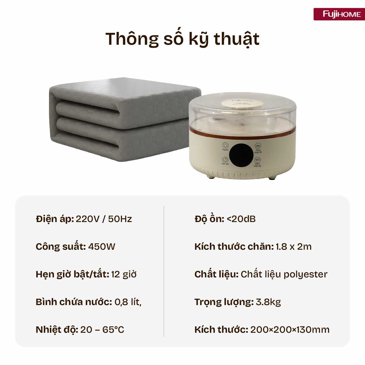 Chăn điện sưởi ấm FUJIHOME HB1820E Màu Xám