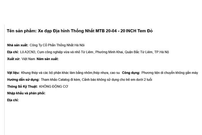 Xe Đạp Trẻ Em Thống Nhất MTB 20-04 20 inch Màu Đỏ