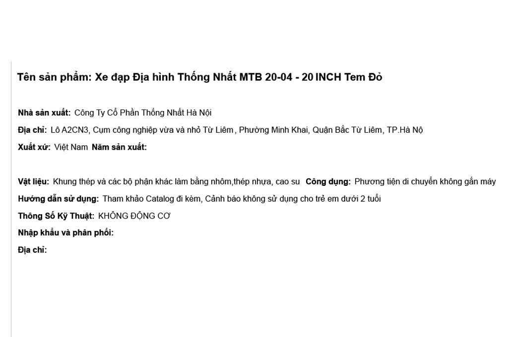 Xe Đạp Trẻ Em Thống Nhất MTB 20-04 20 inch Màu Đỏ
