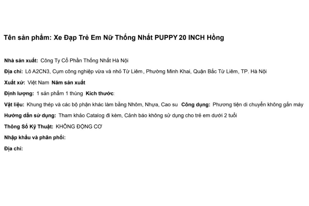 Xe đạp trẻ em nữ Thống Nhất Puppy 20 inch Hồng Màu Hồng