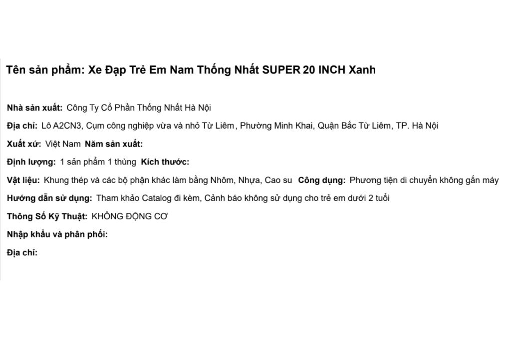 Xe đạp trẻ em nam Thống Nhất Super 20 inch Xanh Màu Xanh Dương