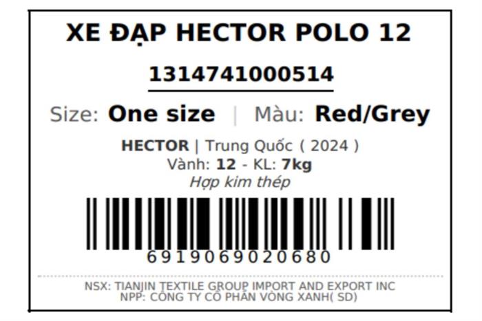 Xe đạp trẻ em nam Hector Polo 12 inch Đỏ Xám Màu Đỏ