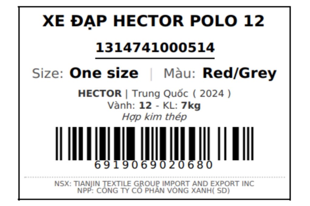 Xe đạp trẻ em nam Hector Polo 12 inch Đỏ Xám Màu Đỏ