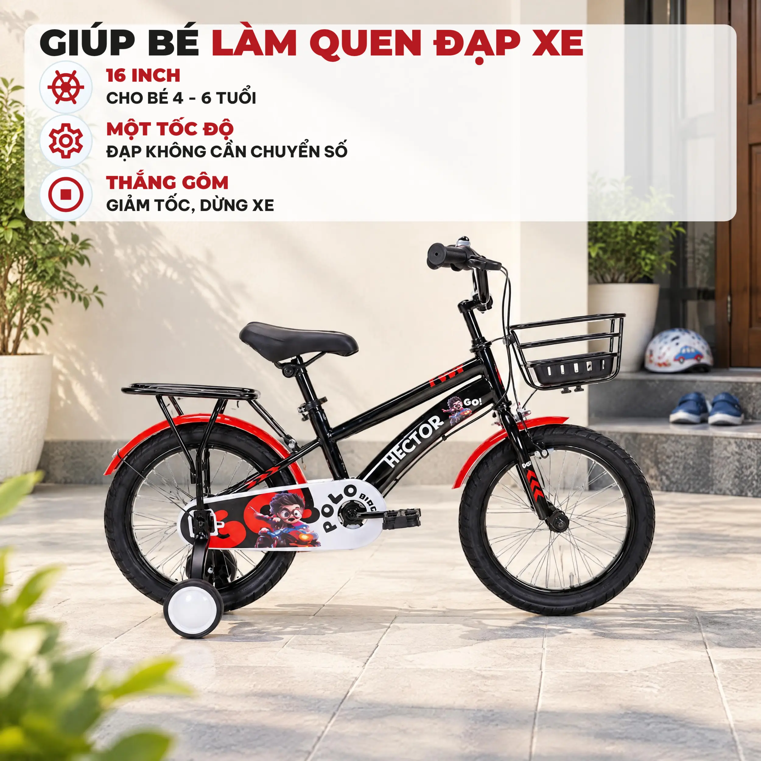 Xe đạp trẻ em nam Hector Polo 3B 16 inch Đen Đỏ Màu Đen - Đỏ