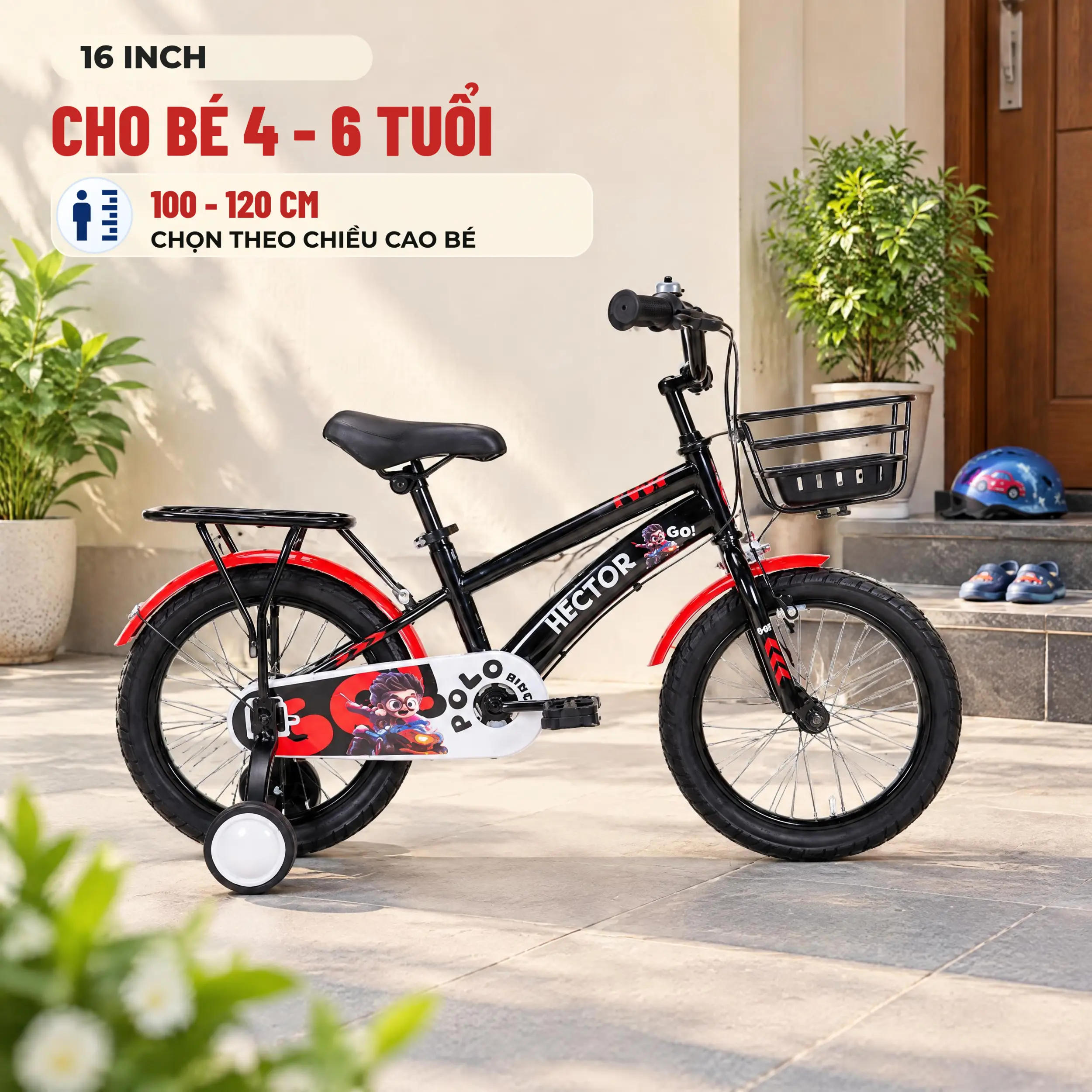 Xe đạp trẻ em nam Hector Polo 3B 16 inch Đen Đỏ Màu Đen - Đỏ