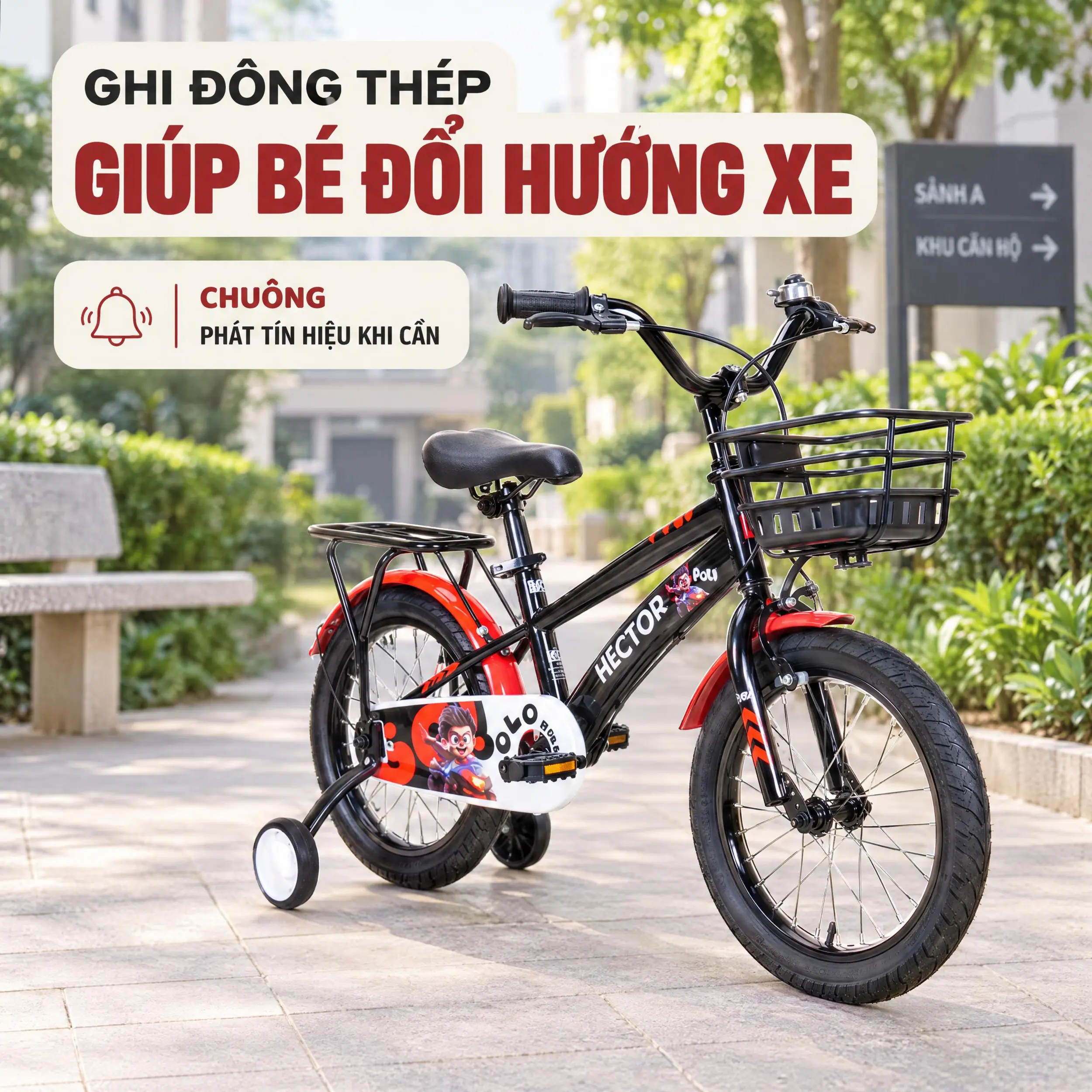 Xe đạp trẻ em nam Hector Polo 3B 16 inch Đen Đỏ Màu Đen - Đỏ