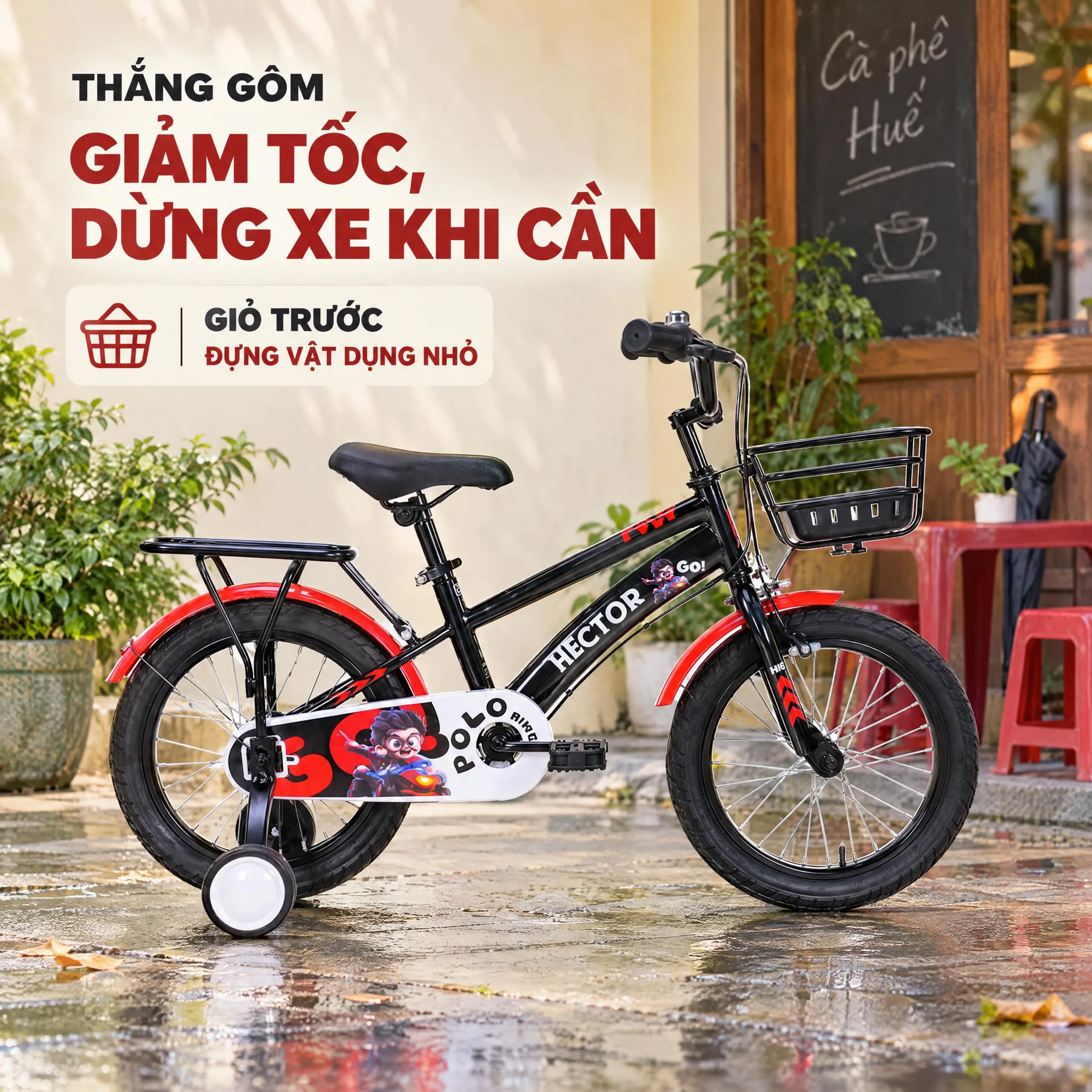 Xe đạp trẻ em nam Hector Polo 3B 16 inch Đen Đỏ Màu Đen - Đỏ