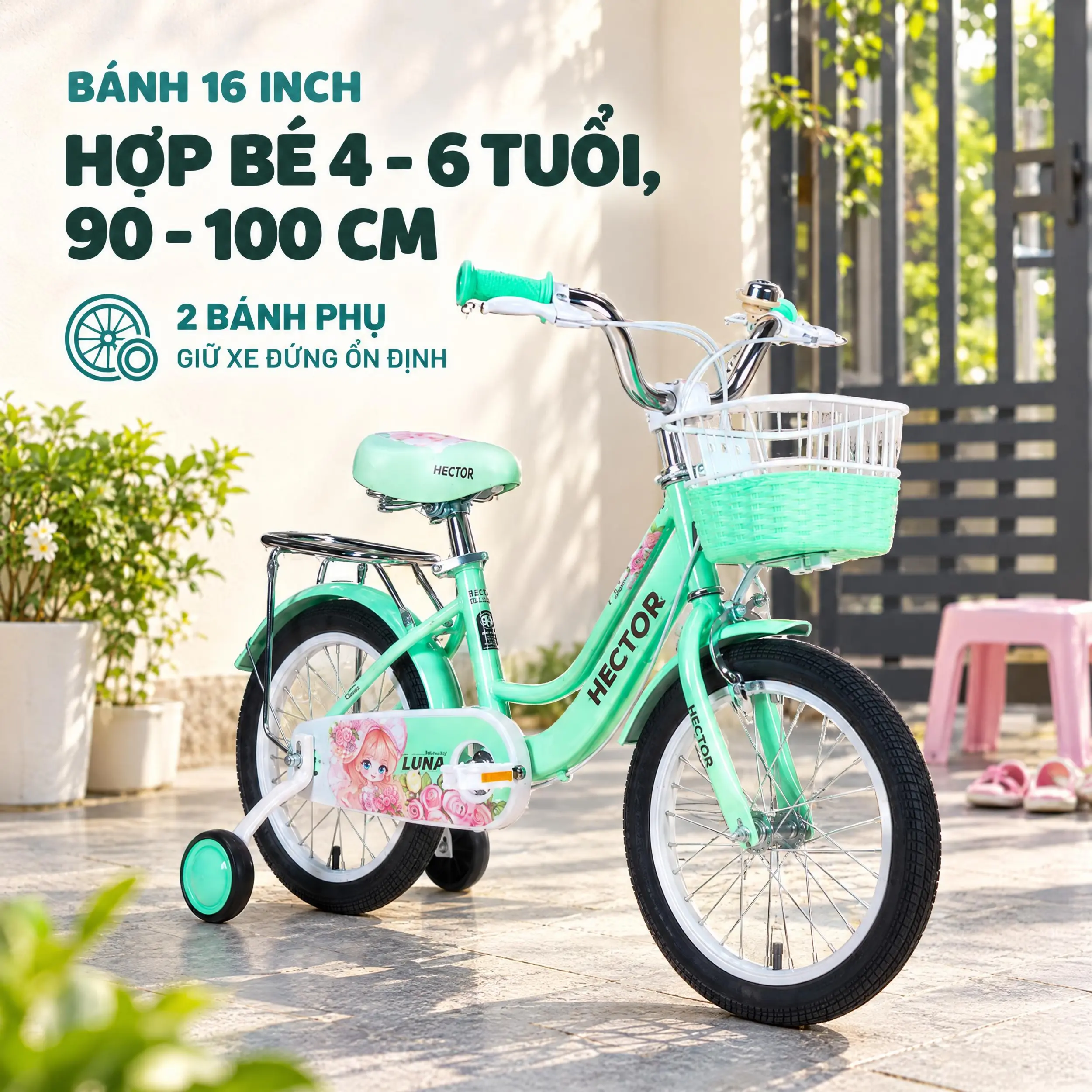 Xe đạp trẻ em nữ Hector Luna 3B 16 inch Xanh Ngọc Màu Xanh ngọc