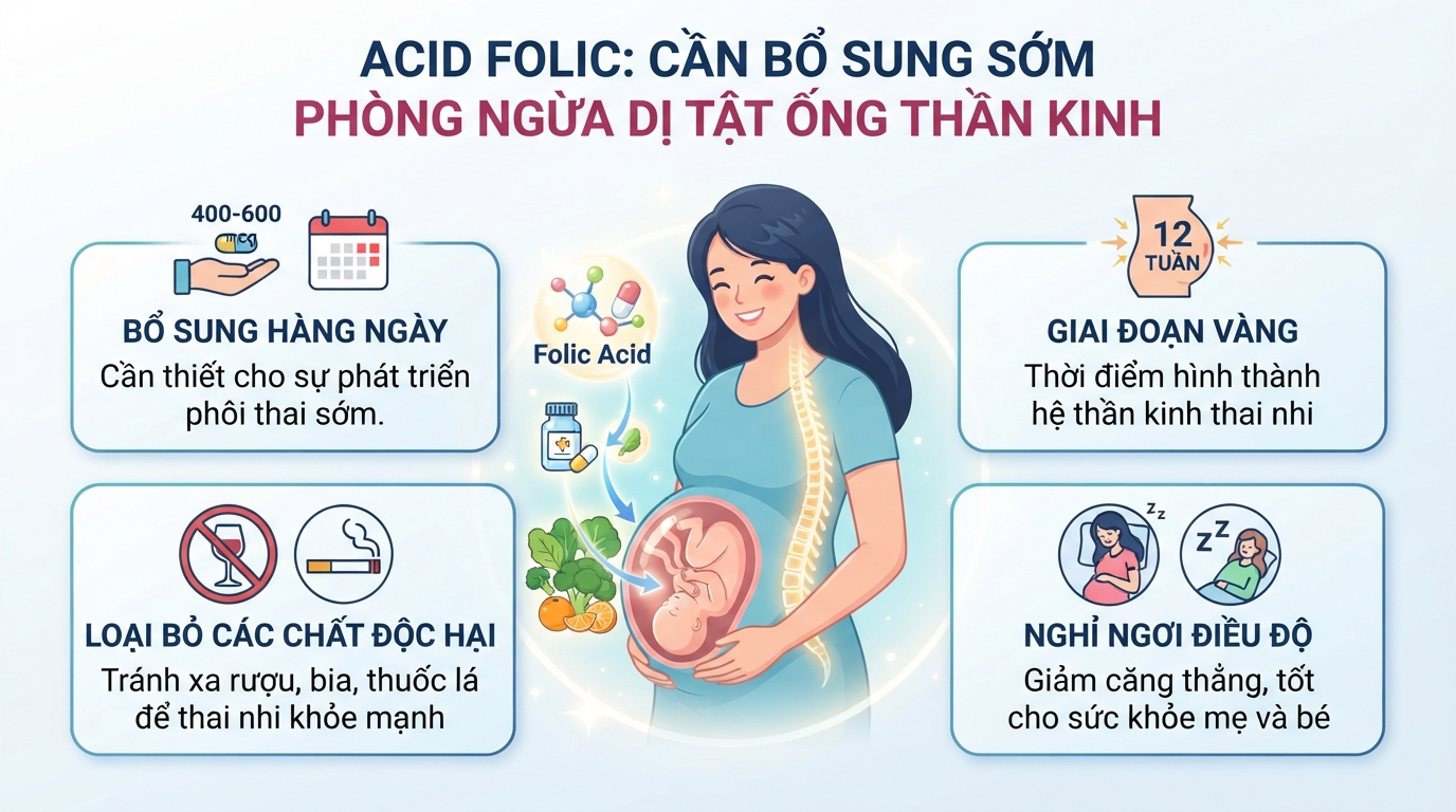 Acid folic cần bổ sung sớm nhằm phòng ngừa dị tật ống thần kinh.