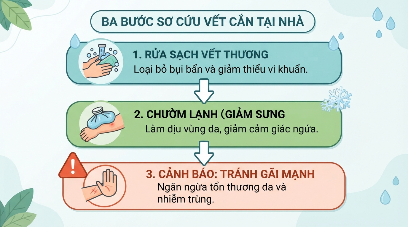 Ba bước sơ cứu quan trọng giúp làm dịu vùng da tổn thương và ngăn ngừa nhiễm trùng.