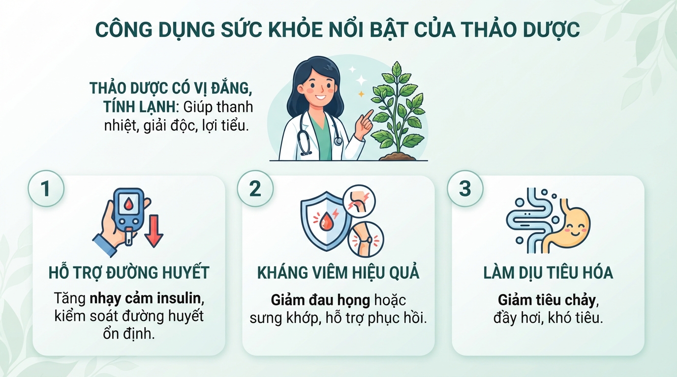 Ba công dụng sức khỏe nổi bật gồm hỗ trợ đường huyết, kháng viêm và tiêu hóa.