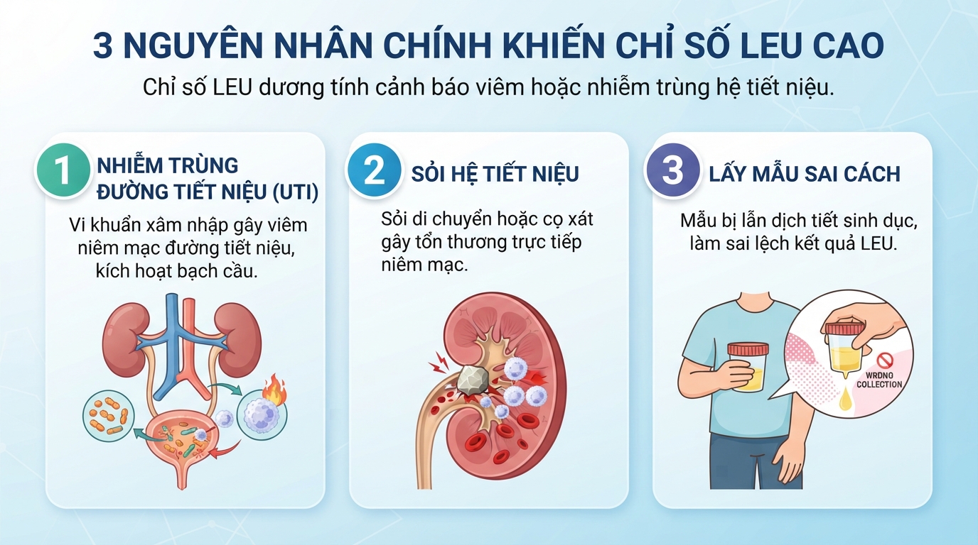 Ba nguyên nhân phổ biến nhất khiến chỉ số LEU trong nước tiểu tăng cao bất thường.