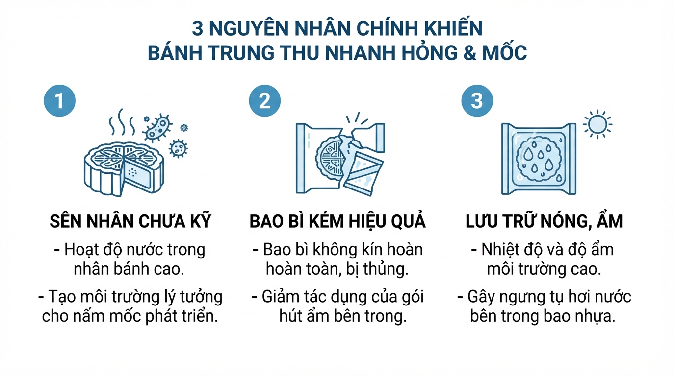 Ba nhóm nguyên nhân chính khiến bánh trung thu nhanh hỏng và sinh nấm mốc.