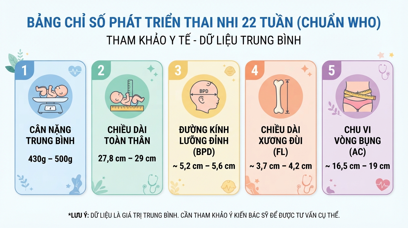 Bảng chỉ số phát triển thai nhi 22 tuần chuẩn WHO tham khảo y tế.
