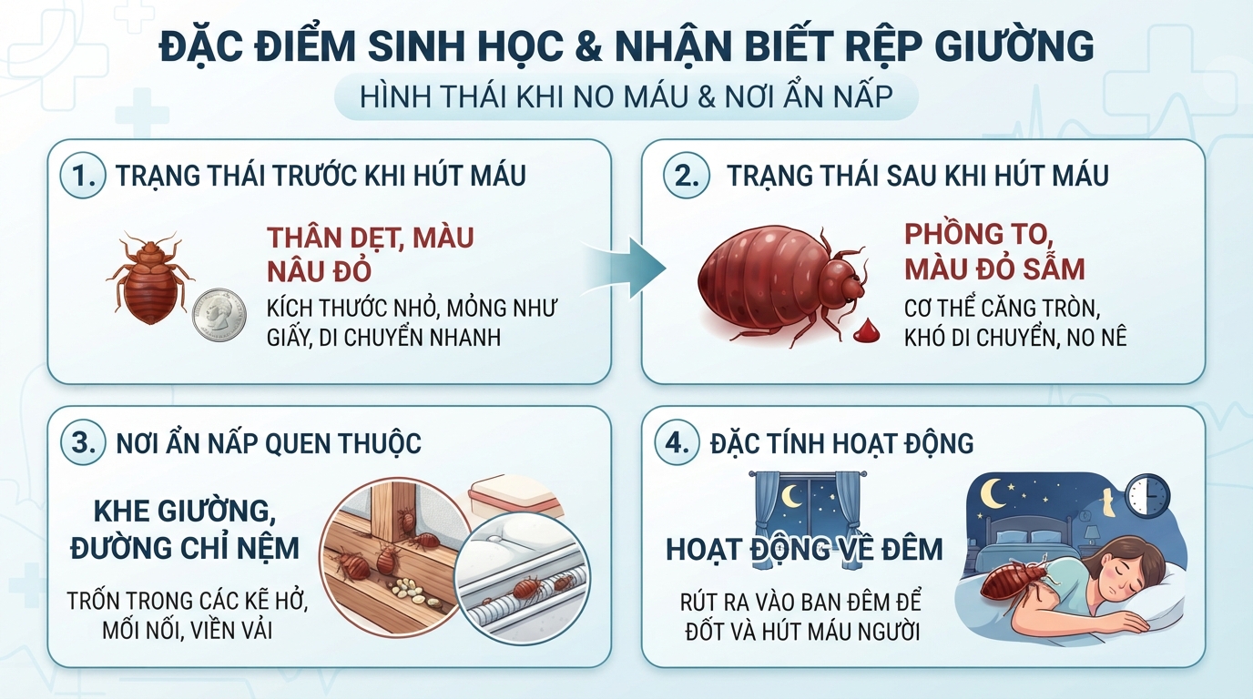 Bảng đặc điểm sinh học và hình thái nhận biết con rệp giường khi hút no máu.
