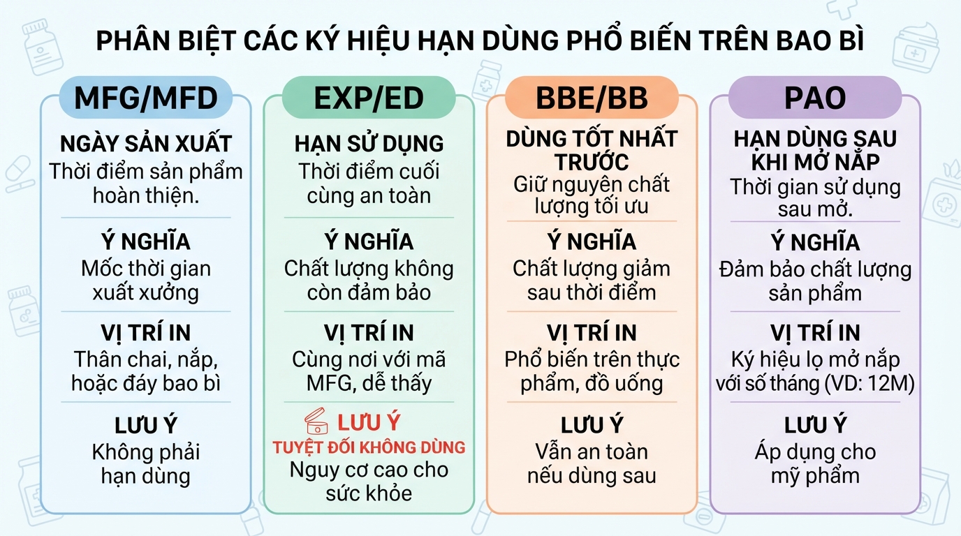 Bảng phân biệt các ký hiệu hạn dùng phổ biến trên bao bì sản phẩm.