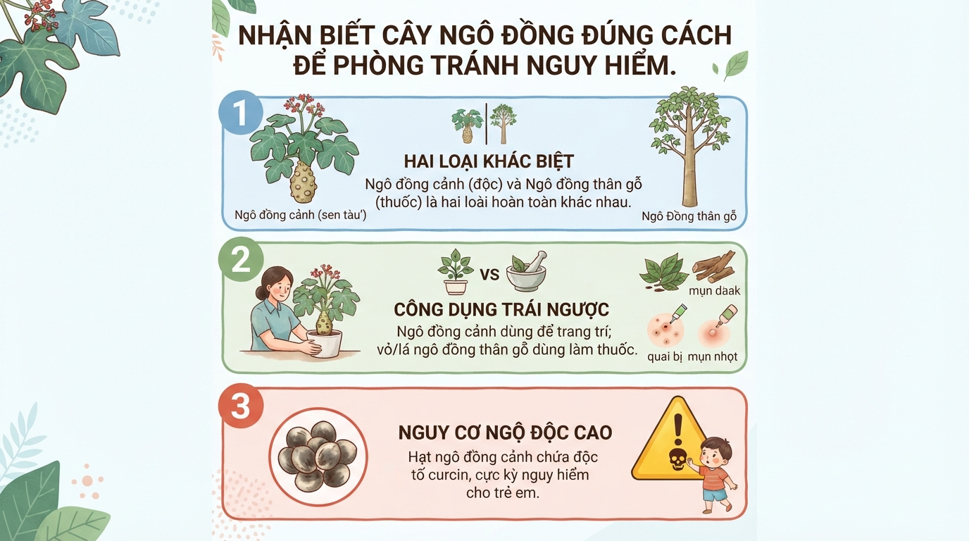Nhận biết cây ngô đồng, công dụng và nguy cơ ngộ độc cần lưu ý