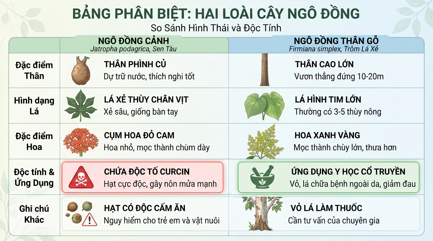 Bảng phân biệt hình thái và độc tính giữa hai loài cây ngô đồng phổ biến.
